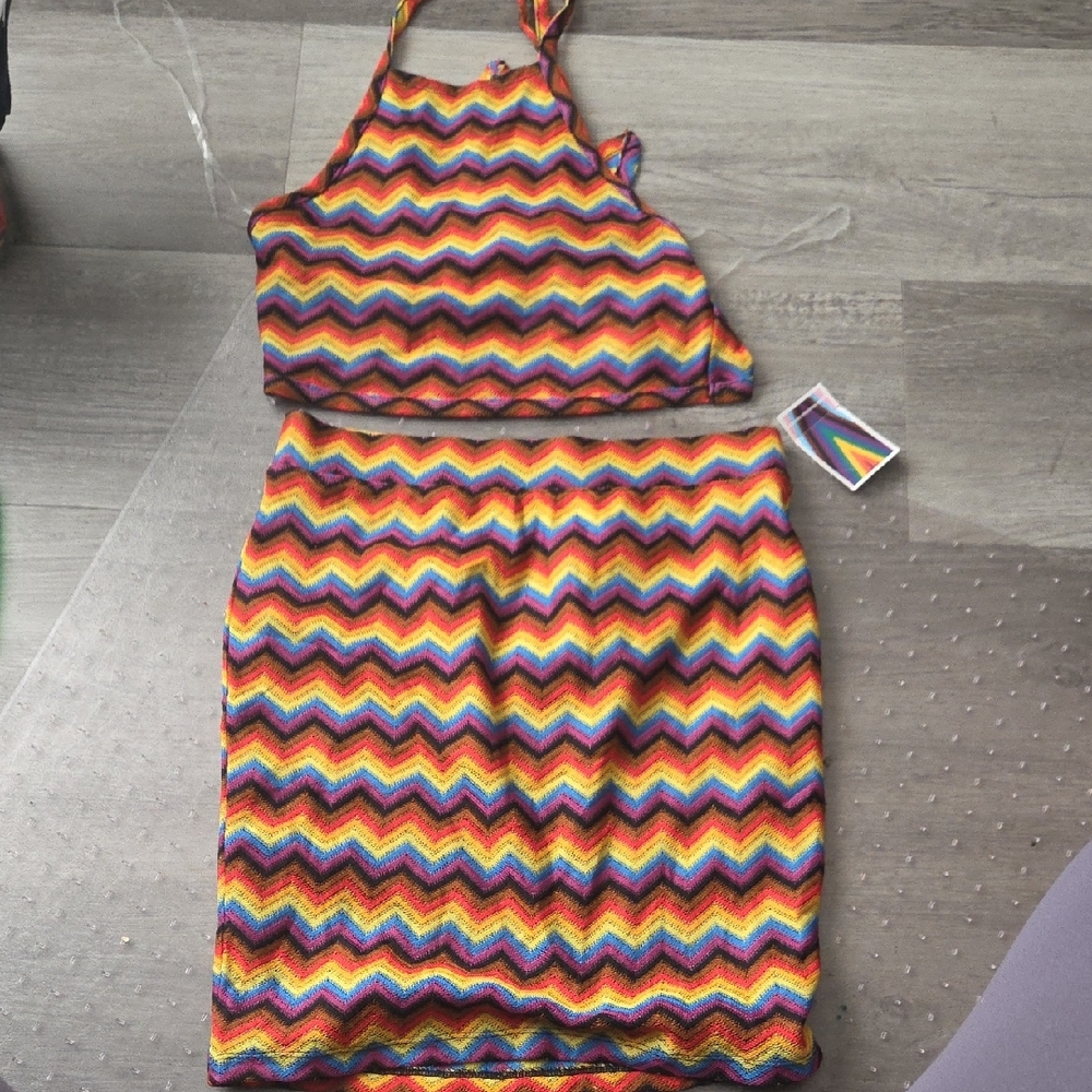 Multicolor Zigzag Halter Top and Skirt Set